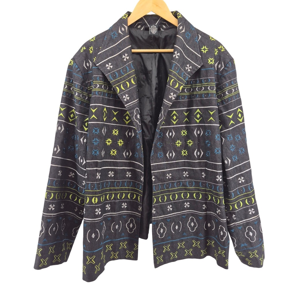 Liz & Me Platinum Collection‎ Blazer Denim Geometric Embroidered Boho Sz 4X